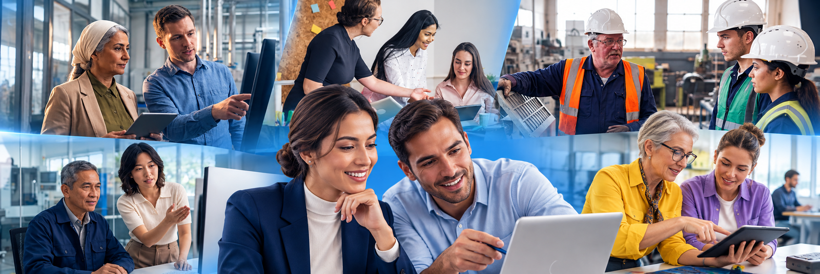 Personas de distintas generaciones colaborando en entornos profesionales, digitales e industriales.
