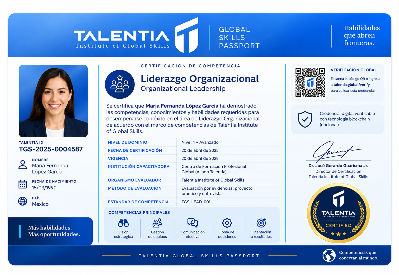 Muestra ilustrativa del diploma Talentia Global Skills Passport, con identificación de la competencia, datos de evaluación y un espacio para verificación QR.